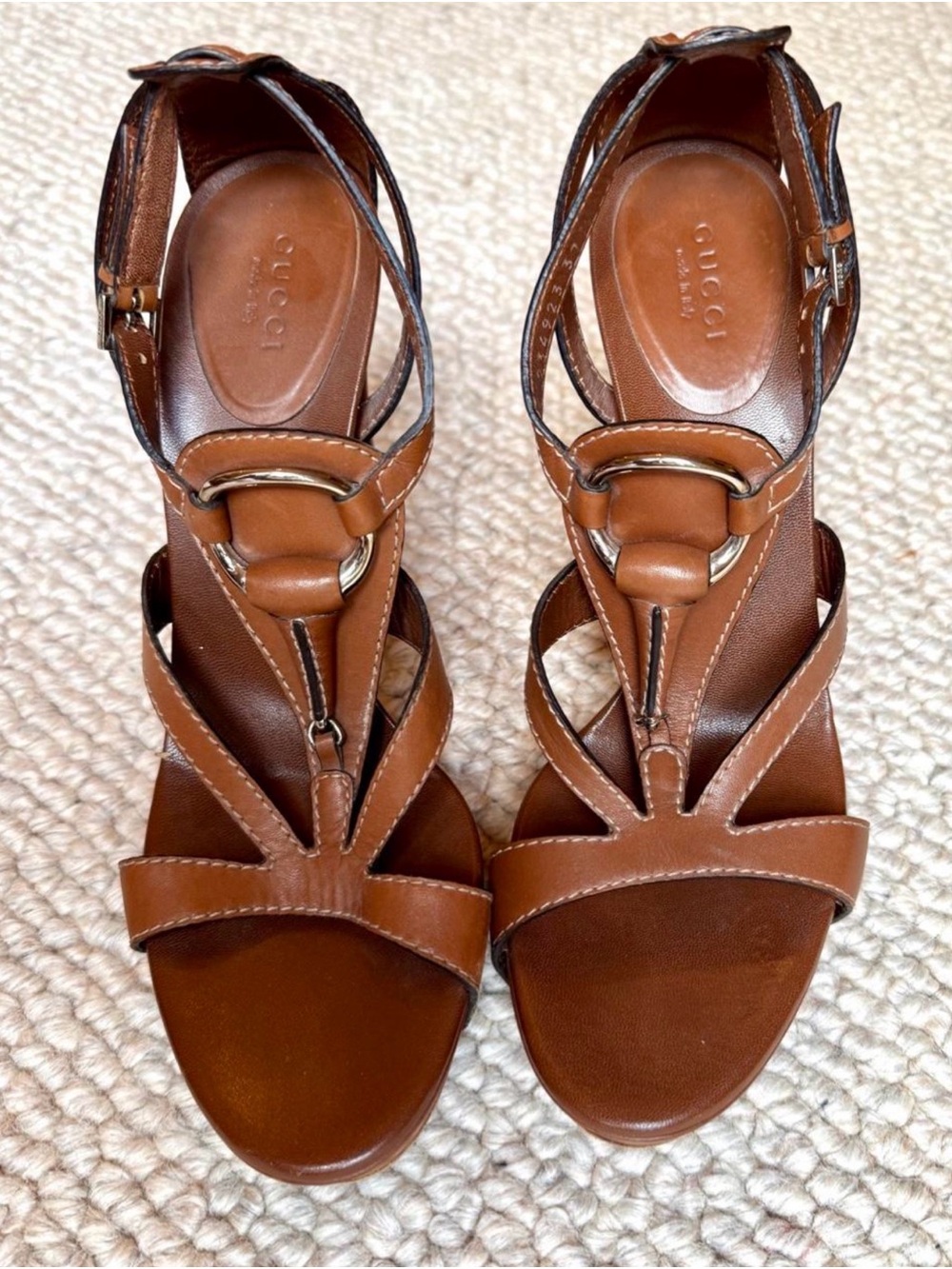Gucci Brown Leather Strappy T-Bar Heels